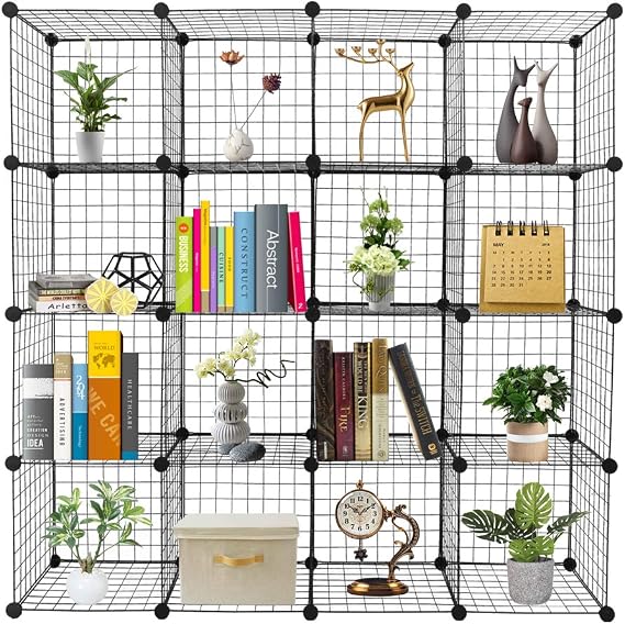 16-Cube Organizer Shelf, Metal Grid Storage Shelves, DIY Modular Wire Cube Bookcase, Closet & Office Storage Unit, 13.8" Cubes, Black