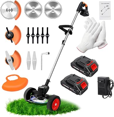 21V Electric Weed Wacker, Cordless Grass Trimmer with 2 Batteries & Charger, 3 in 1 Stringless Brush CutterWeed EaterEdgerLawn Mower with 3 Types Blade & Wheels for Garden and Yard Lawn