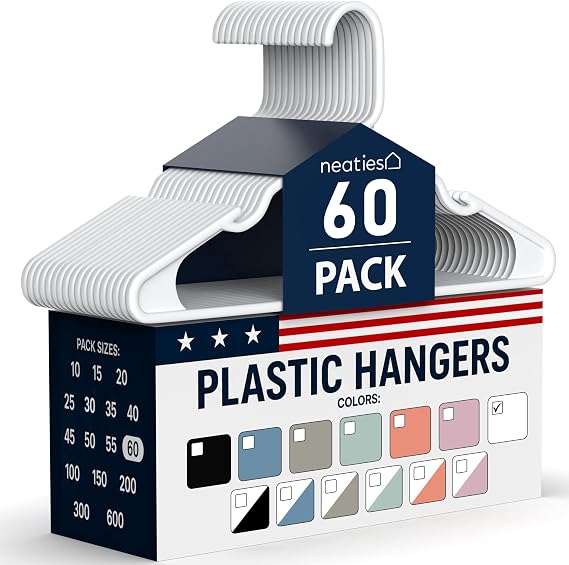 60 Pack USA Made Plastic Clothes Hangers Bulk | 20, 30, 50, 100 Pack | Laundry Hangers | Coat Hangers Plastic | Heavy Duty Plastic Hangers for Closet Hangers | Main Stay Hangers White