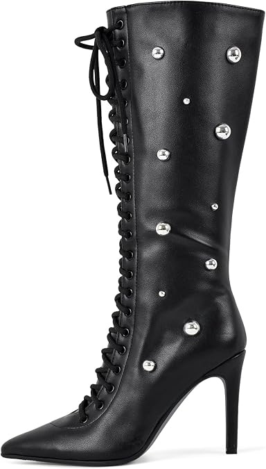 onlymaker Women's Knee-High Boots High Heels Stiletto Pointed Toe with Silver Studs Lace-Up
