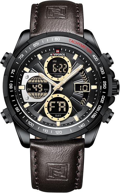 NAVIFORCE Digital Watches Men Luxury Leather Analog Quartz Waterproof Wrist Watch Fashion Business Chronograph Military Multifunction Wrist Watch, Black, Chronograph, Digital
