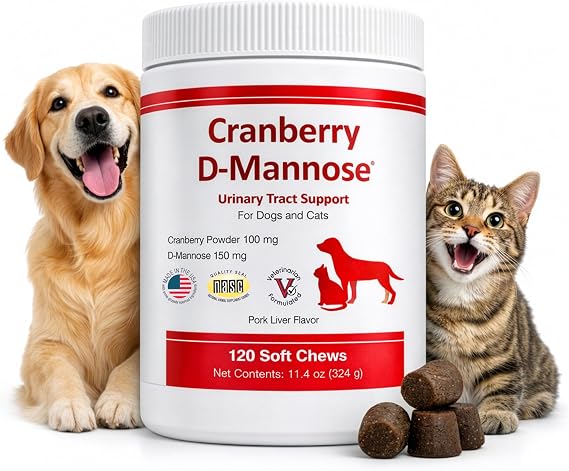 Cranberry D-Mannose Urinary Tract Support Supplement for Cats and Dogs - Cranberry Extract, D-Mannose, Vitamin C - Bladder and UTI Treatment - 120 Soft Chews