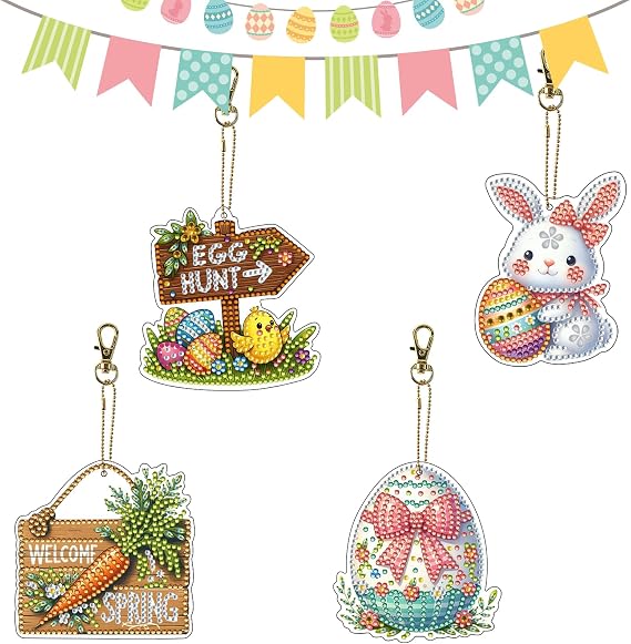 VODAPYC 4PCS Easter Diamond Art Ornaments Kits | DIY Double Sided Point Special Shaped Keychains