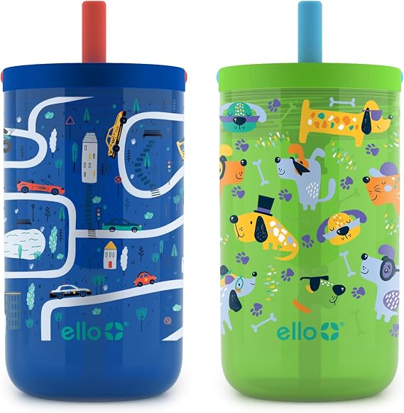 Ello Bop 2-Pack Kids Plastic Tumbler Set with Carry Loop | Leak-Proof Slider Lid | Removable Spill Resistent Soft Straw | BPA-Free