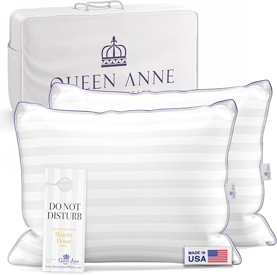 Queen Anne Hotel Pillows Standard Size Bed Pillows for Sleeping, Set of 2 Adjustable Luxury Down Alternative for Side & Back Sleepers, Medium Support, Cooling, Hypoallergenic, Made in USA