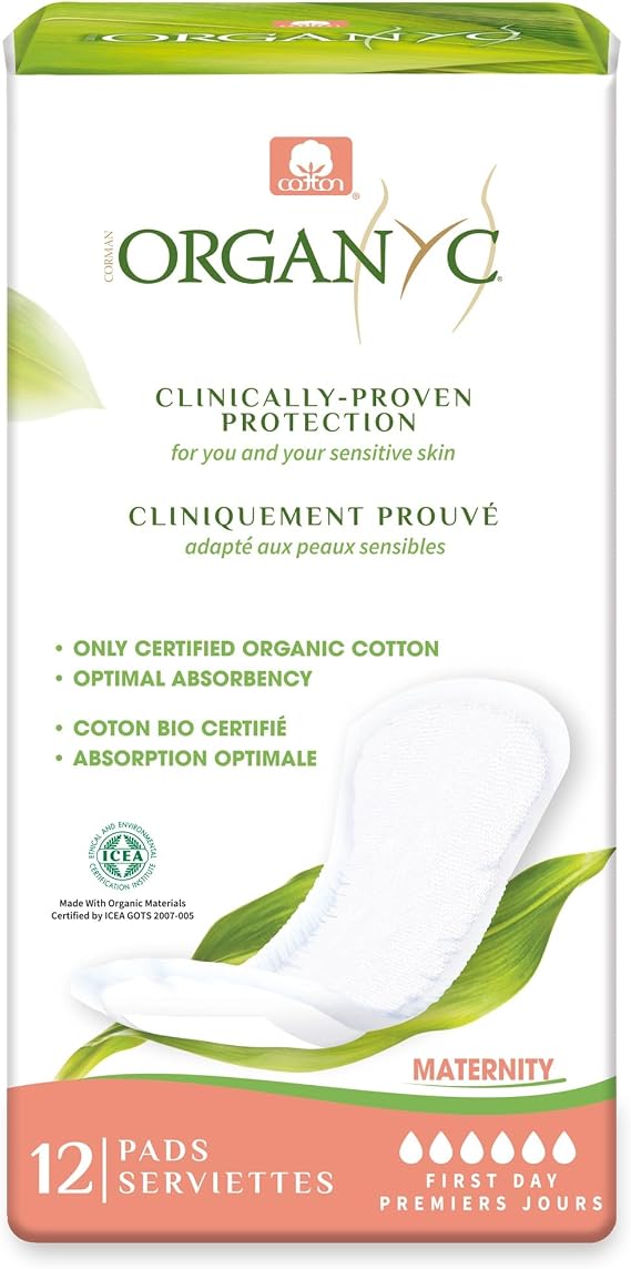 Organyc Hospital Postpartum Pads, 100% Certified Organic Cotton Inside and Out for Women, for First Days After Delivery, 12 Counts