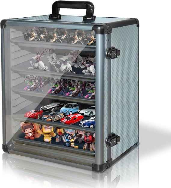 ORKELS Miniatures Storage Case with 5 Metal Tray, Clear Display Transport Case with Lock, Aluminum Alloy Frame Organizer for Mini Action Figures, Collectibles
