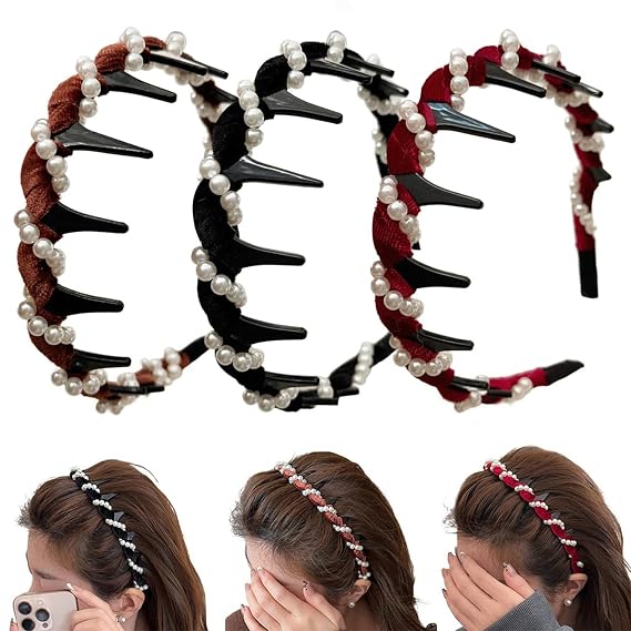 Vintage High Cranium Artificial Pearl Hairband, Elegant Braided Pearls Headbands with Teeth, Bridal Hair Hoop Rhinestones for Women, Wedding Party Hair Hoop Band Headwear for Bride(3 pcs)