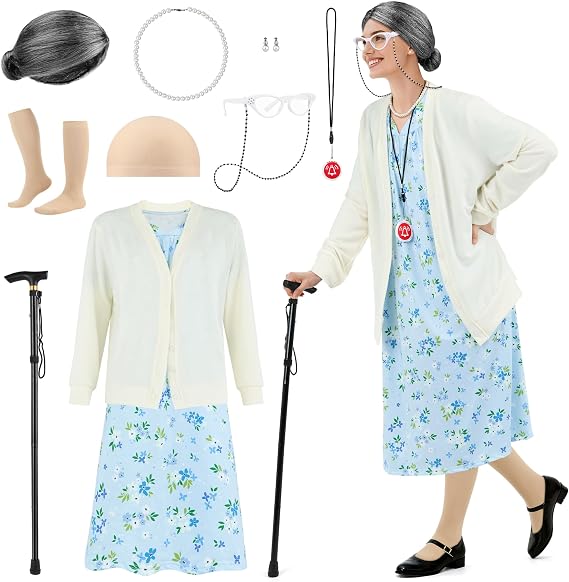 SOMSOC 8 Pieces Women Old Lady Costume Grandma Dress Cardigan with Wig Glasses Cane for Halloween Cosplay
