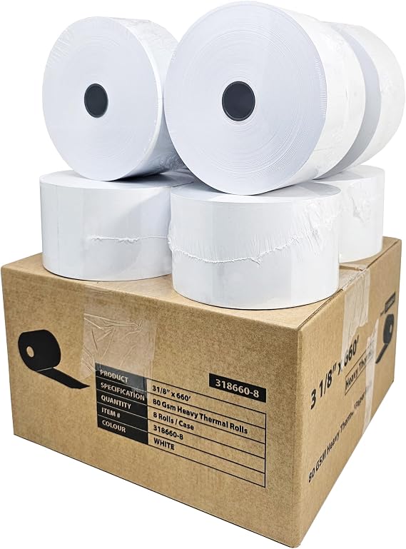 BuyRegisterRolls - (8 Rolls) 3 1/8" x 660' Heavy Thermal Paper With 6" Outer Diameter & Solid Wall Core - Nautilus Hyosung Halo - Thermal Paper Atm Machine