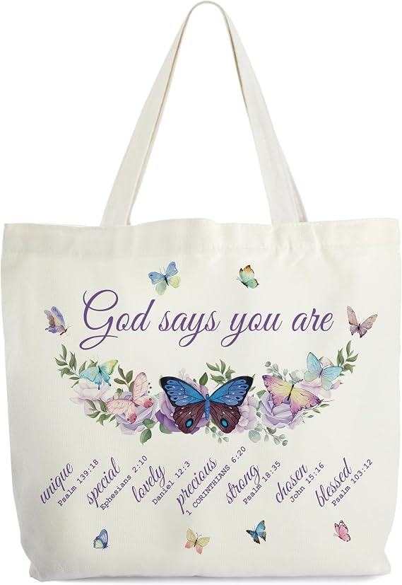 Inspirational Tote Bag For Women, God Says You Are Unique, Butterfly Shoulder Bag, Christian Gift For Women Friends, Bible Verse Canvas Tote For Birthday Thanksgiving Christmas -87