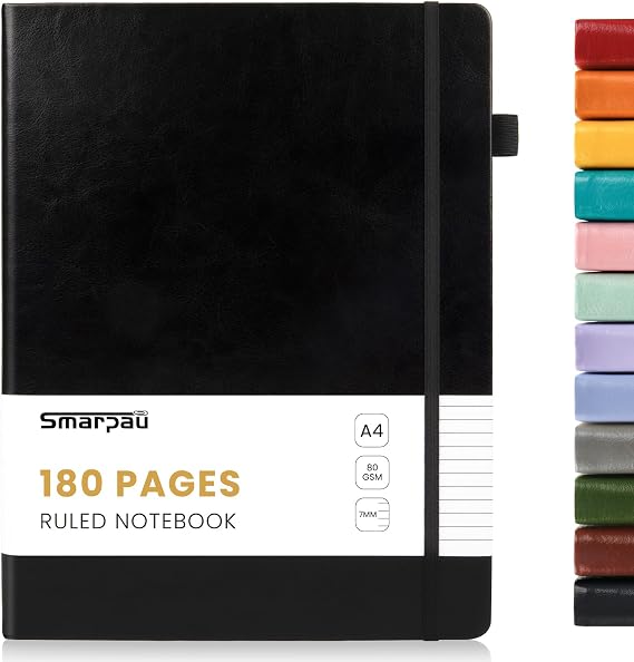 Smarpau A4 Notebook 180 Pages, Leather Lined Journal Notebook for Men Women, Thick Paper No Bleed for Writing, Hardback Notepad for Office School Travel (Black)
