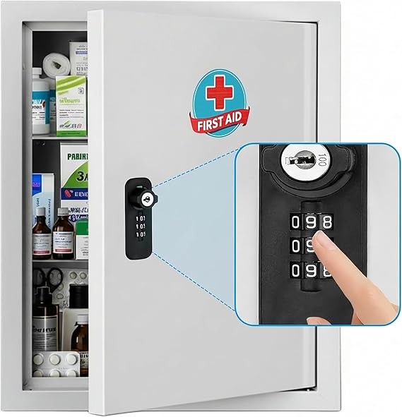 Locking Medicine Cabinet with Combination Lock and Safety Key | Rust-resistant galvanized steel, wall mounted first aid storage for bathroom, home, office and school