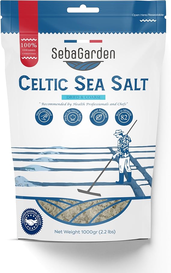 Seba Garden Celtic Sea Salt Grey, 1kg - Dried & Coarse, Certificated Organic Reseallable Bag of Grey Sea Salt, Hand Harvested, Contains Over 82 Essential Minerals