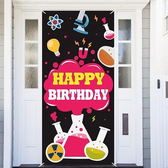 Science Happy Birthday Black Banner Backdrop Background Photo Booth Props Chemistry Theme Decor for School Laboratory Boy Girl Birthday Party Favors Supplies Decorations