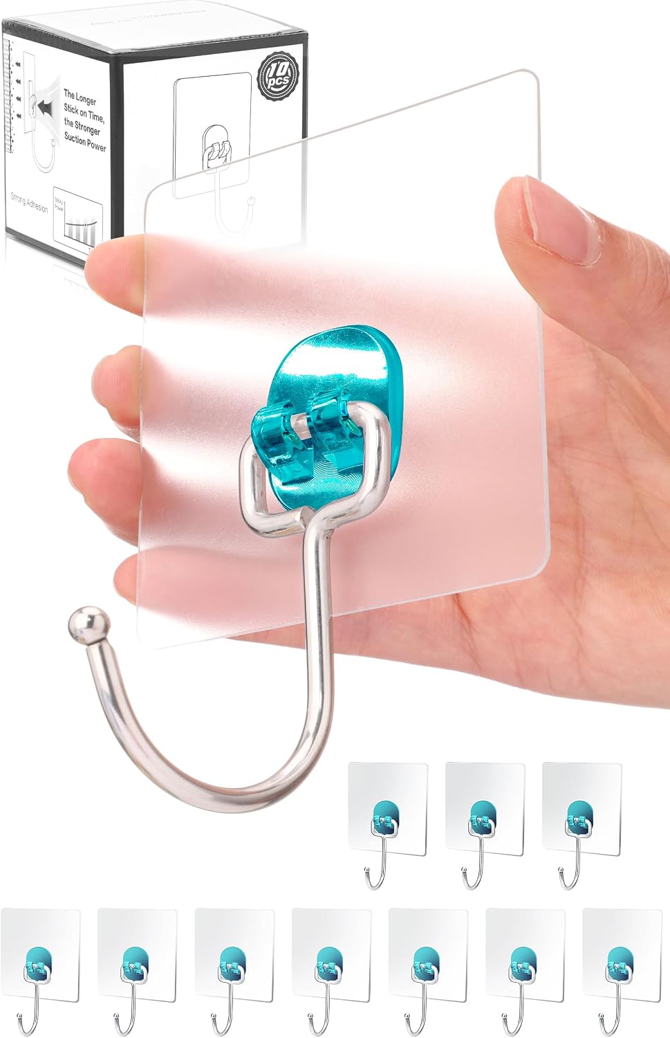 Antimbee 10-Pack Large Adhesive Hooks,Heavy Duty Adhesive Hooks 37 lbMax,Sticky Wall Hooks fit Home,Bathroom,Kitchen,Office and Outdoor Transparent Cyan