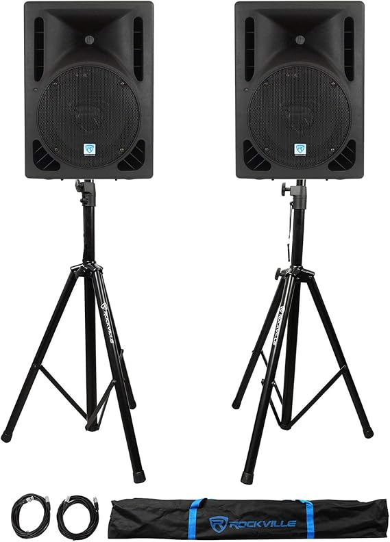 Rockville RPG10BT 10" Powered DJ PA Speaker Pair with Stands and Cables
