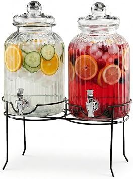 Style Setter Canyon Glass Beverage Dispenser with Stand Set of 2-1.3 Gallon Drink Dispenser with Stand & Spigot - Leak-Proof Lemonade Dispenser - Punch Dispenser for Parties, Weddings, Birthdays