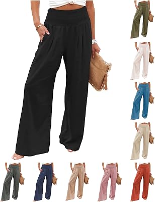 Womens Linen Pants Wide Leg Pants Palazzo Pants for Women Casual Summer Beach Linen Yoga Pants with Pockets