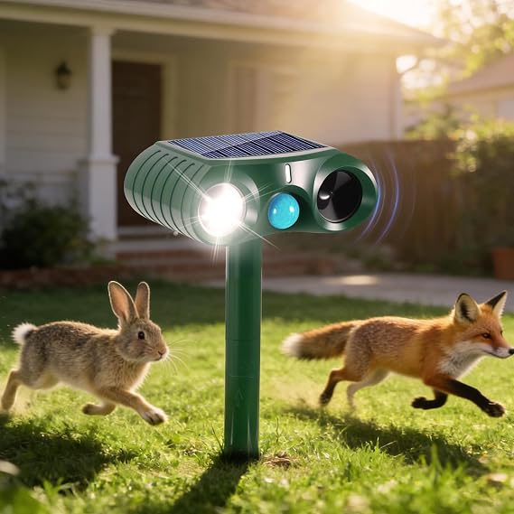 Cat Deterrent, Fox Deterrents for Gardens UK, Solar Powered Ultrasonic Cat Repellent with Pir Motion Sensor & LED Lights, IPX4 Waterproof, Effective for Squirrels, Dogs Foxes Birds