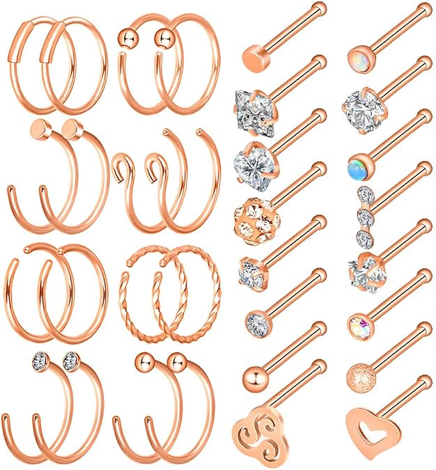 Longbeauty 32Pcs C-Shaped Nose Ring L-Shaped Nose Studs Bone Tragus Cartilage Hoop Rings Piercings 20g for Men Women
