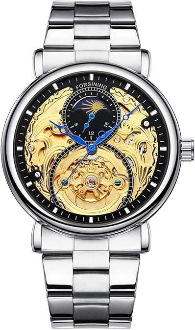 MASTOP Men's Automatic Mechanical Skeleton Stainless Steel Or Leather Strap Moon Phase Waterproof Watch