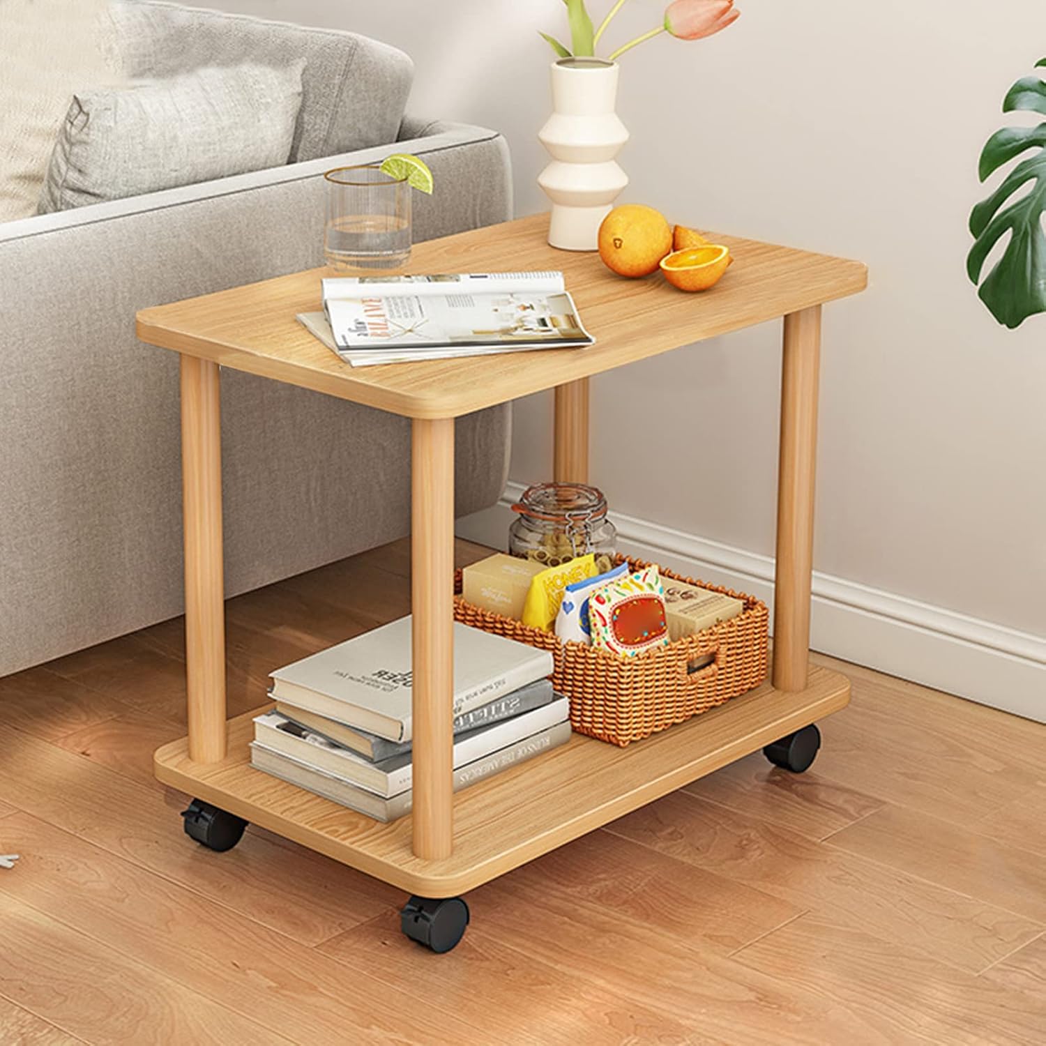 Rolling Sofa Side Table, 2-Tier Small End Table, Easy Assembly Wood Overbed Table with Wheels, Storage Table for Record Player, Laptop, Rustic Mobile Snack Coffee Table for Living Room (Wooden)