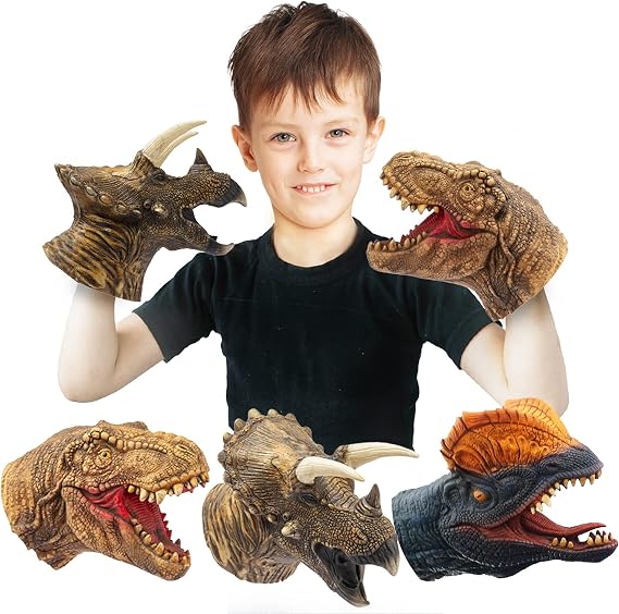 Yolococa Dinosaur Hand Puppets, 3-Piece Latex Animal Puppet Set with T Rex, Triceratops, and Dilophosaurus for Storytelling and Role Play