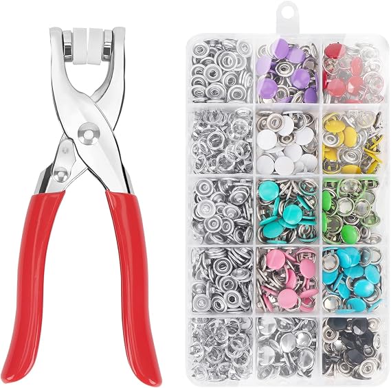 OWill Poppers Fasteners, 200 Set Press Studs Snap Fasteners Kit with Fastener Pliers, 9.5mm 10 Colour Metal Snap Buttons Kit for Fabric Clothes Bag DIY Crafts Supplies