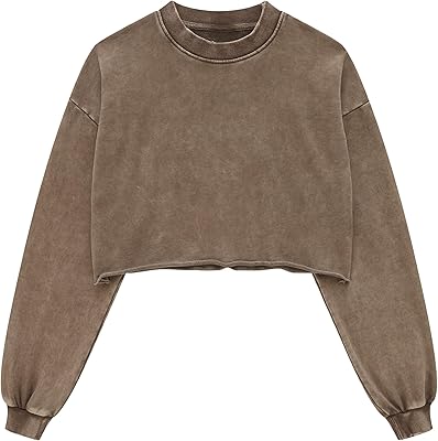 Hixiaohe Womens Cropped Sweatshirts Vintage Long Sleeve Pullover Tops Acid Wash Sweatshirt Hoodies for Women Workout Crop Top