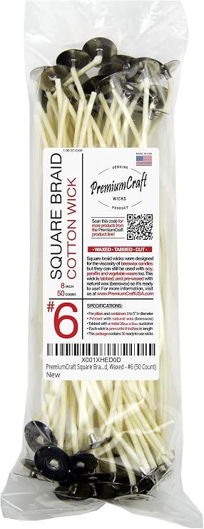 Square Braid Cotton Candle Wick - #6, Tabbed, Waxed (50 Count)
