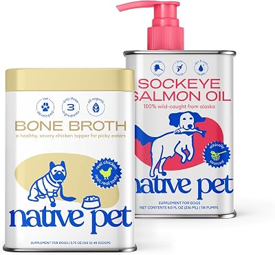 Native Pet Chicken Bone Broth Powder for Dogs 5.7 Oz. & Salmon Oil for Dogs & Cats 8 Oz. Pure Omega-3 Fish Oil and Chicken Bone Broth Protein Rich Pet Food Supplement