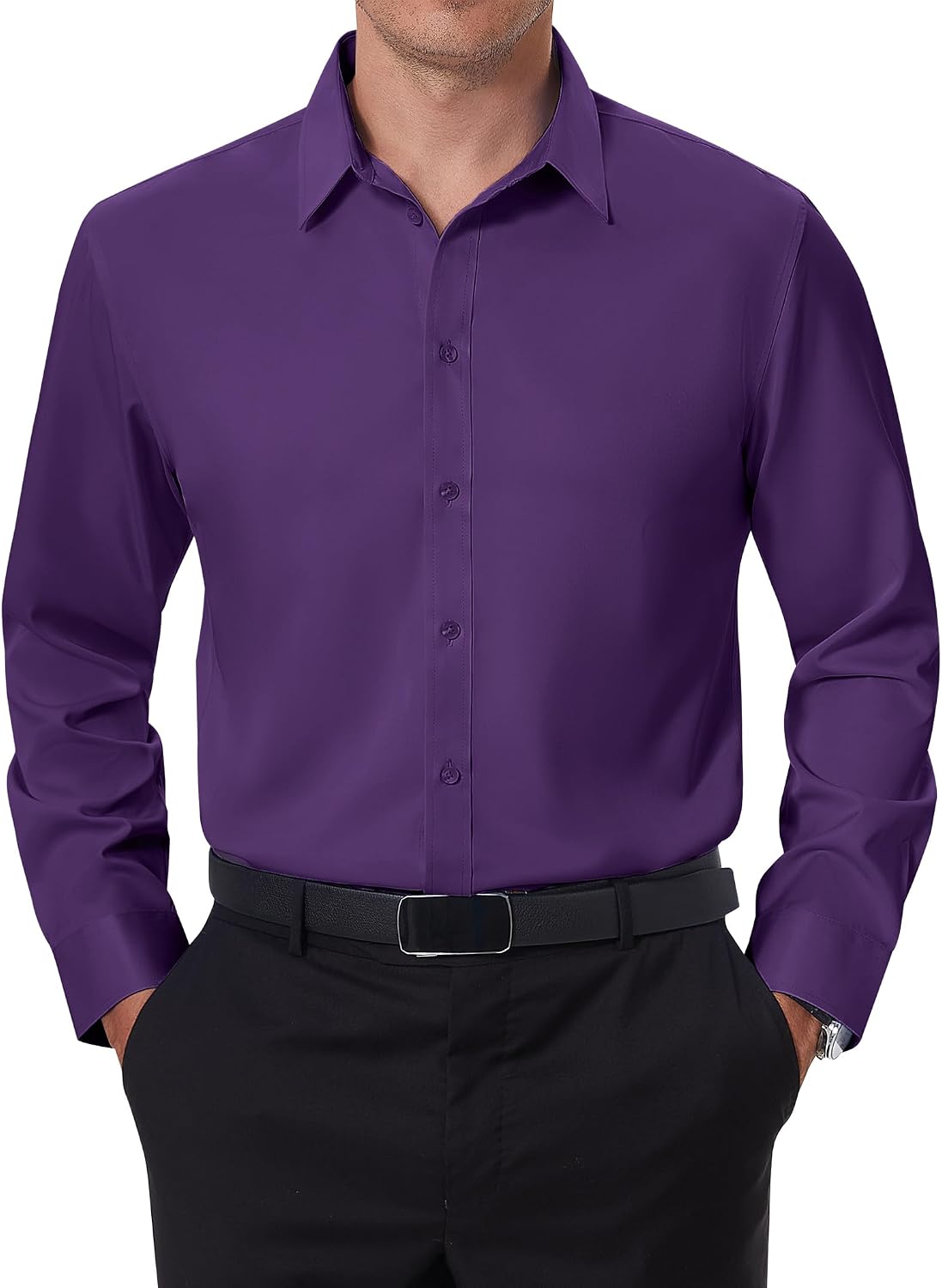 DEMEANOR Stain Shield Dress Shirts for Men Slim Fit Button Down Dress Shirts Long Sleeve Shirt Formal Business Stretch Purple