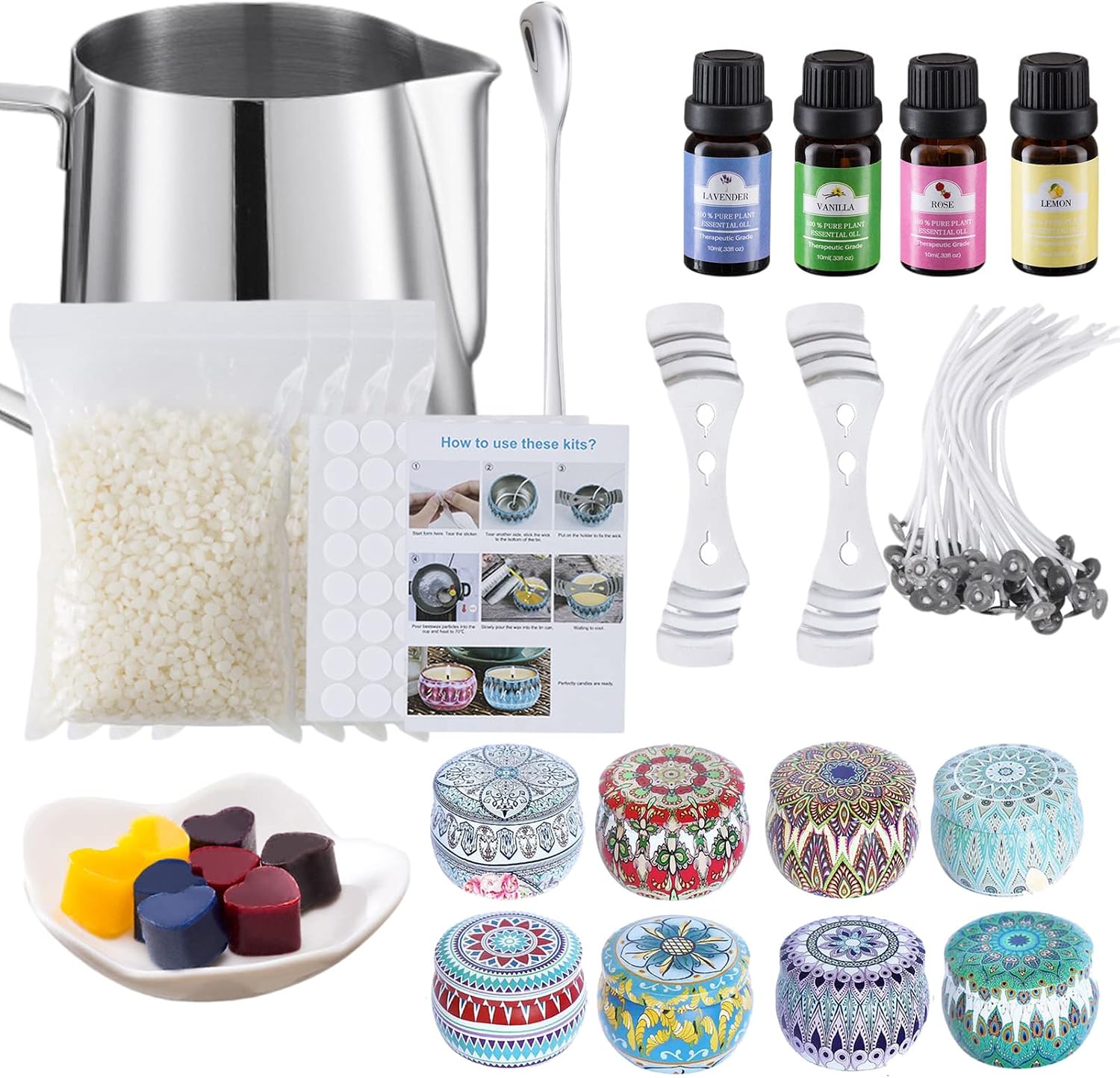 KJOET Soy Wax Candle Making Kit | Starter Scented Candle Making Kit - Making Accessories Including Cup, Beeswax, Wax Wick Clip, Wick, Spoon, Jar, Sticker, Essential Oil, Color Brow