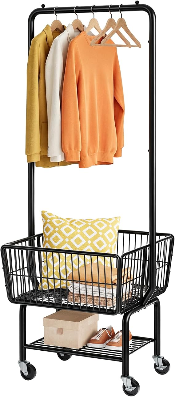 Tajsoon Rolling Laundry Cart with Hanging Rack & Laundry Basket, Black