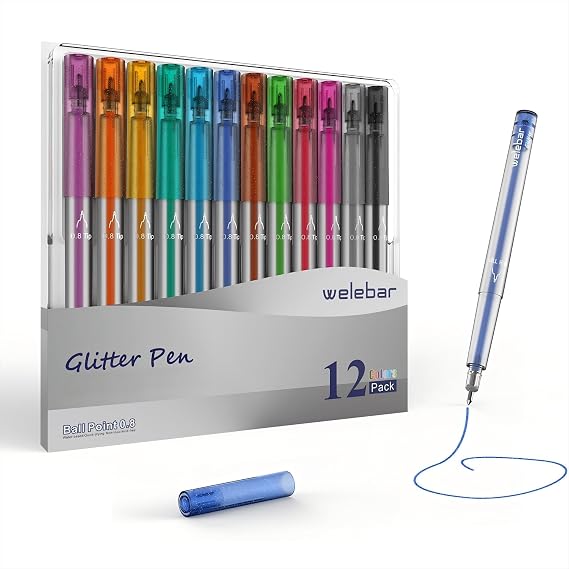 Glitter Gel Pen Set Compatible with Cricut Maker 3/Maker 4/Maker/Explore 3/4/5/Air 2/Air, 0.8 Tip Glitter Pen Set of 12 Pack Medium Point Pen, Writing, Drawing, Invitations, Cards