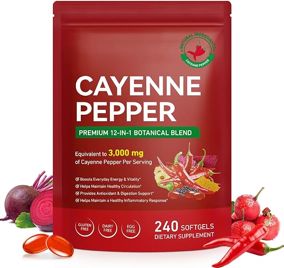 Cayenne Pepper Softgels Supplement, Capsaicin Supplements with Hawthorn, Beetroot, and Turmeric, Enriched with Vitamin D3 + K2 & E, Supports Leg Vein, Digestion, Immune System, Non-GMO, 240 Softgels