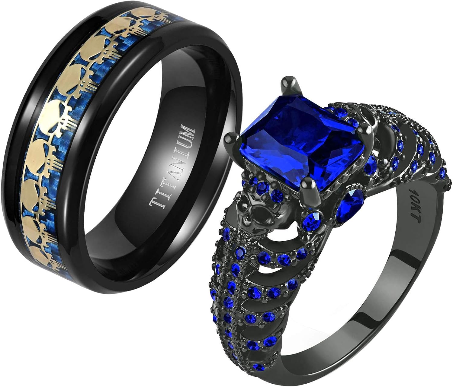 Ringskull 2 Skull Rings His and Hers Couple Rings Skeleton Black Heart Blue Cz Womens Wedding Ring Punk Titanium Steel Mens Wedding Bands
