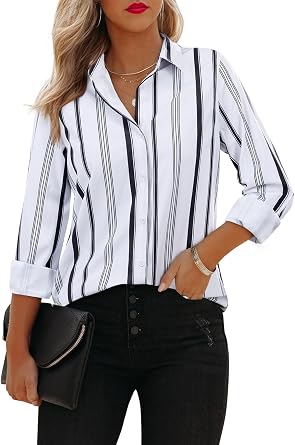 Striped Button Down Shirts for Women Cotton Dress Shirt Long Sleeve Collared Blouse Tops Business Office Attire