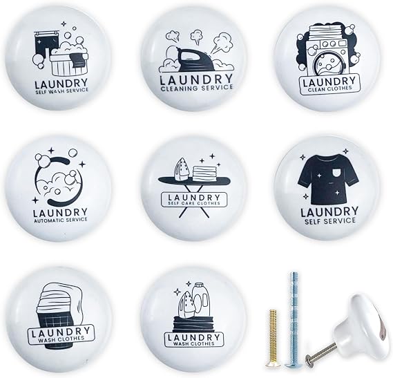 JamJam 1.5" 8PCS Ceramics Unique Vintage Laundry Room Knobs Dry and Press Theme Decor Cabinet Drawer Knobs Pulls