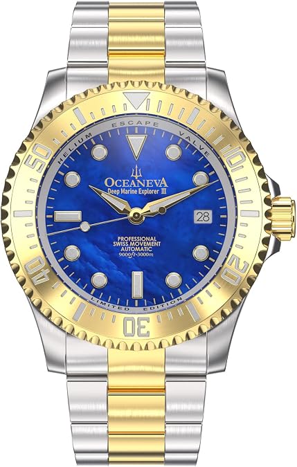 OceanevaTM Men's Deep Marine Explorer III 3000M Pro Diver Watch Blue Mother of Pearl Dial Yellow Gold - Stainless Steel Bracelet 38 Hour Power Reserve