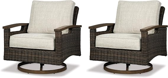 Signature Design by Ashley Paradise Trail Outdoor Swivel Upholstered Lounge Chair with All Weather Cushion, Set of 2, Cleanable Performance Fabric, Beige