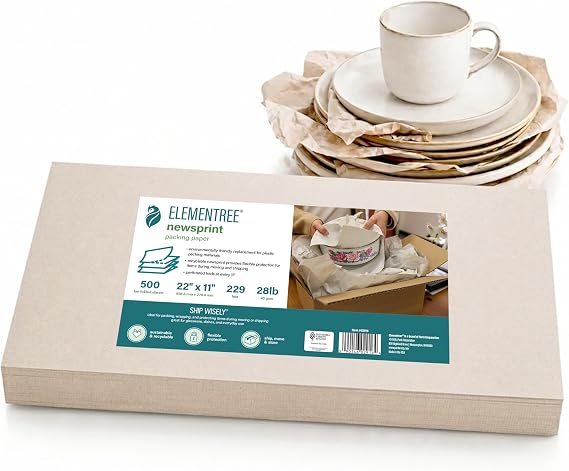 Elementree Newsprint Packing Paper Sheets for Moving & Shipping - 500 Sheets of Sustainable Packaging Newsprint - 22" x 11" - Blank Newspaper Paper Made in the USA - 45 GSM Thickness (02916)