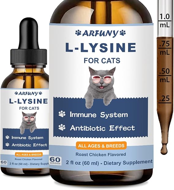 L-Lysine for Cats, Respiratory, Eye Function, Immune Support, 60ML | Lysine for Cats Sneezing, Runny Nose, Watery Eyes, for All Cats, with Natural Ingredients & Vitamins, Roast Chicken Flavor
