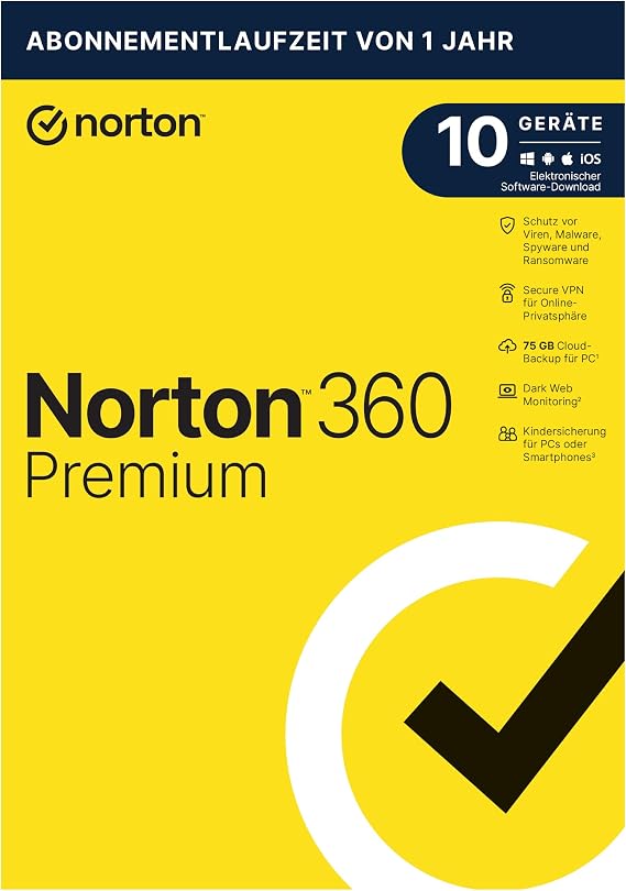 Norton 360 Premium 2021 | 10 Geräte | Antivirus | Unlimited Secure VPN & Passwort-Manager | 1 Jahr | PC/Mac/Android/iOS | Aktivierungscode in Originalverpackung