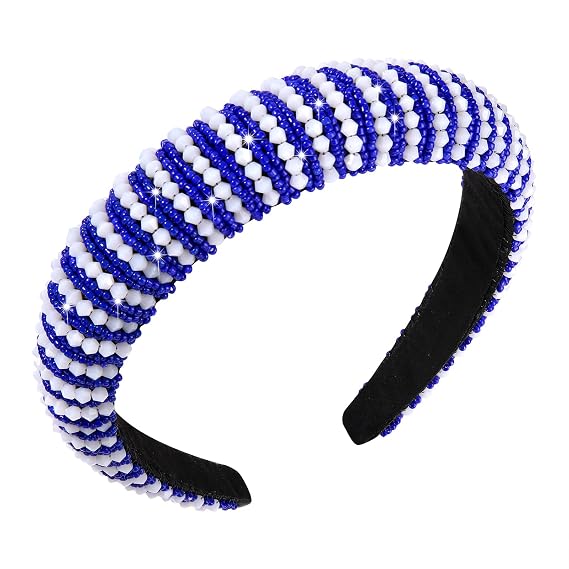 NVENF Game Day Headbands for Women Blue White Beaded Crystal Embellished Football Headband Wide Bejewelled Football Mom Accessories Game Day Hair Accessory Outfits Gifts (Blue White)