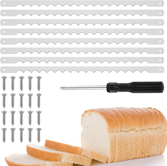 8Pcs Bread Bow Cutter Blades Stainless Steel Replacement Blade with Screws and Screwdriver 10.80.43 Inch Serrated Bread Blade Rustproof Bread Slicer Bread Cutting Tool for Wooden Bread Cutter