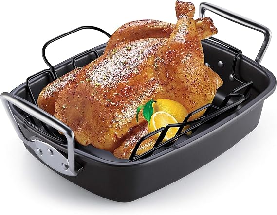 Cook N Home Basics 17 x 13 Inch Specialty Nonstick Roaster Pan, Turkey Roasting Pan Bakeware with Rack, Black