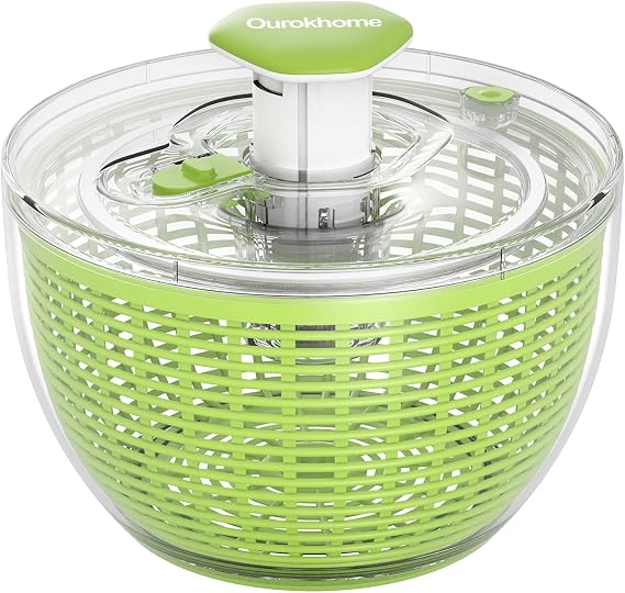 Ourokhome Salad Spinner Lettuce Dryer, One handed Easy Press Large Vegetable Dryer Salad Mixer with Comfortable and Retractable Pusher and Brake Button for Greens, Herb, Berries, Fruit, 6.3 QT, Green