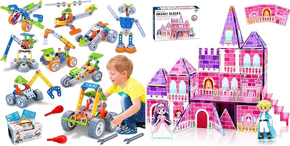 Tsomtto 10 in 1 STEM Toys for Boy Girl Birthday Gifts Building Toys & Magnetic Tiles for Girls - Princess Magnetic Blocks Building Toys